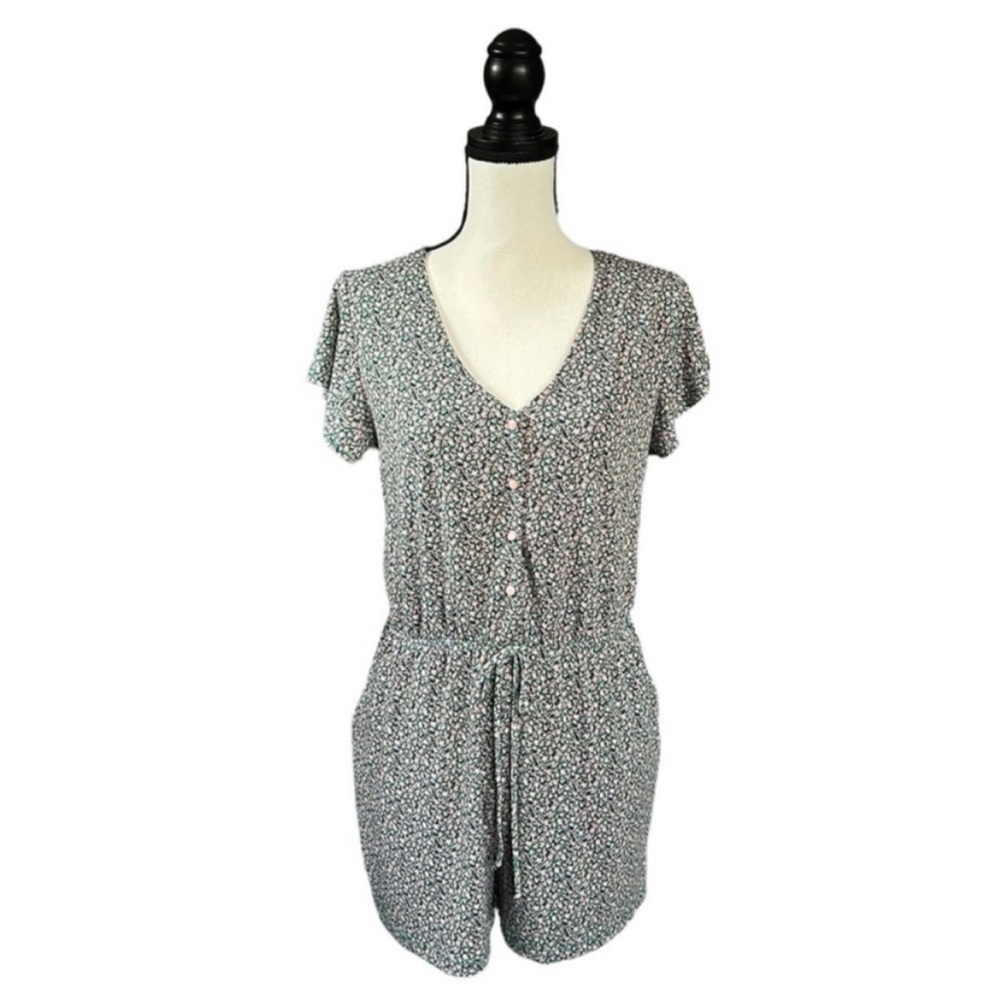 Gilli Ditsy Floral Romper Green & Pink Button-Front V-Neck Pockets Cottagecore M